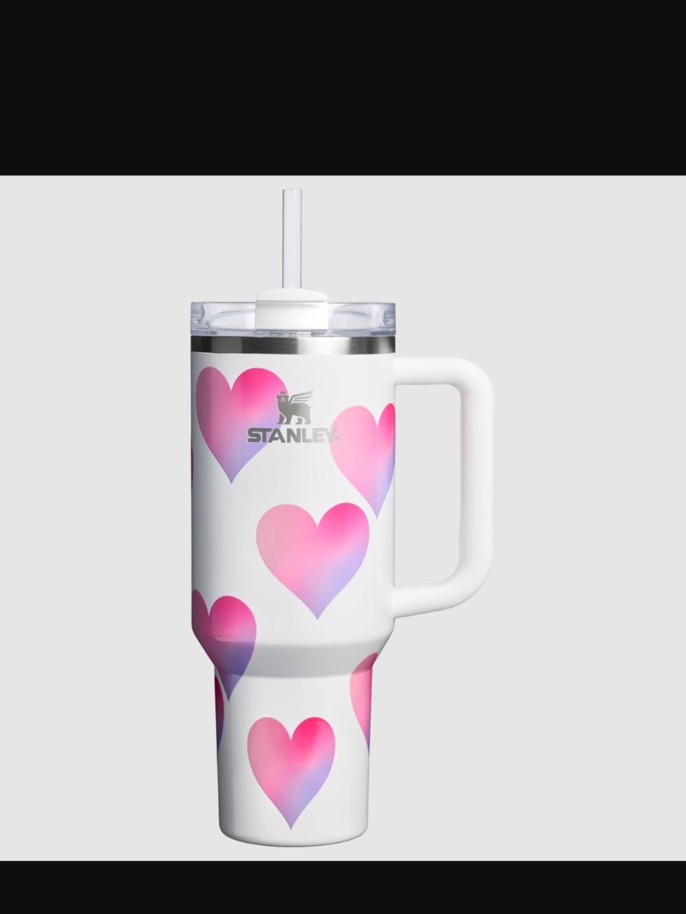 Stanley White Travel Tumbler with Pink-to-Purple Heart Print